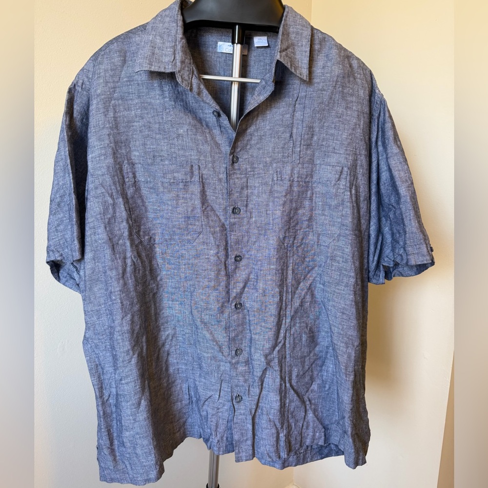 Casual Linen Blend Blue Button Down Shirt 2XL